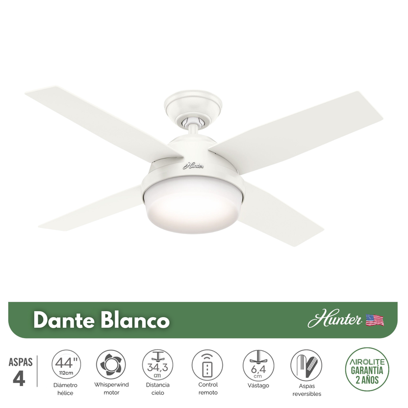 VENTILADOR DE TECHO HUNTER DANTE BLANCO 44